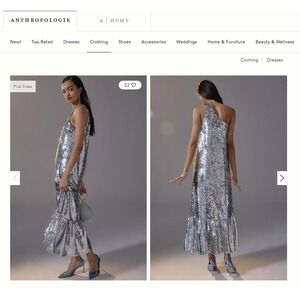 Maeve Anthropologie Womens All Over Sequin One Shoulder Maxi Dress Size S Silver